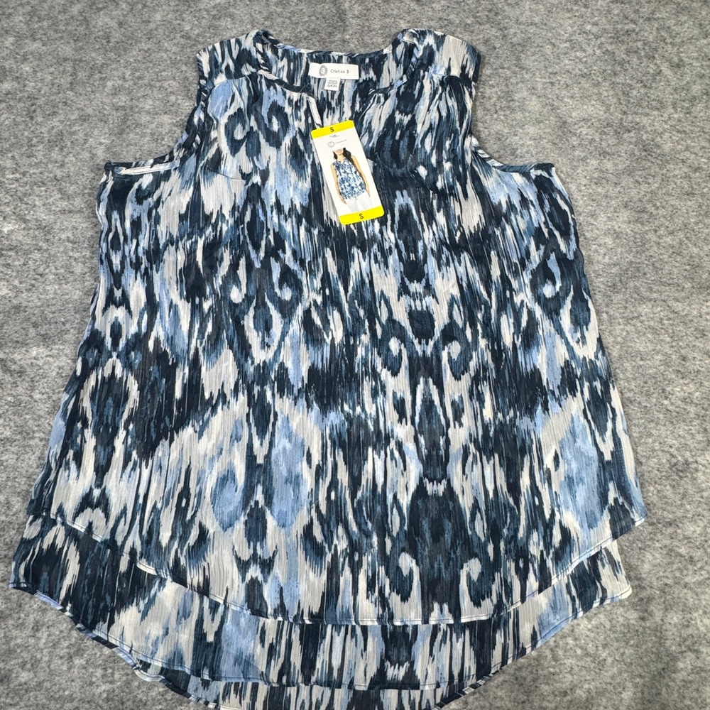 Cristina B Womens Blue Ikat Print Sleeveless V-Neck Tiered Blouse Small NEW